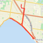 Warrigal, Beach Rd to Mordi, beach path to Mentone end back to Dixon up Warrigal to Tolls